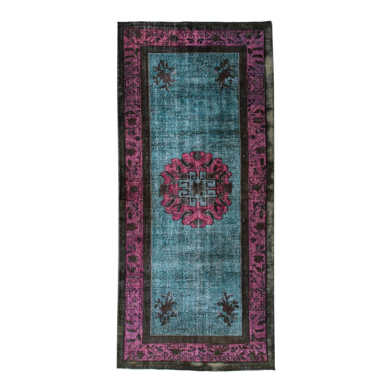 Vintage Turkish Revival Overdyed Teal Wool Runner 4'10 x 10'4: Vintage Turkish Revival Overdyed Teal Wool Runner 4'10 x 10'4 Discover this exquisite 1960s Vintage Turkish Revival Overdyed handmade wool runner, featuring a stunning teal field adorned with intricat