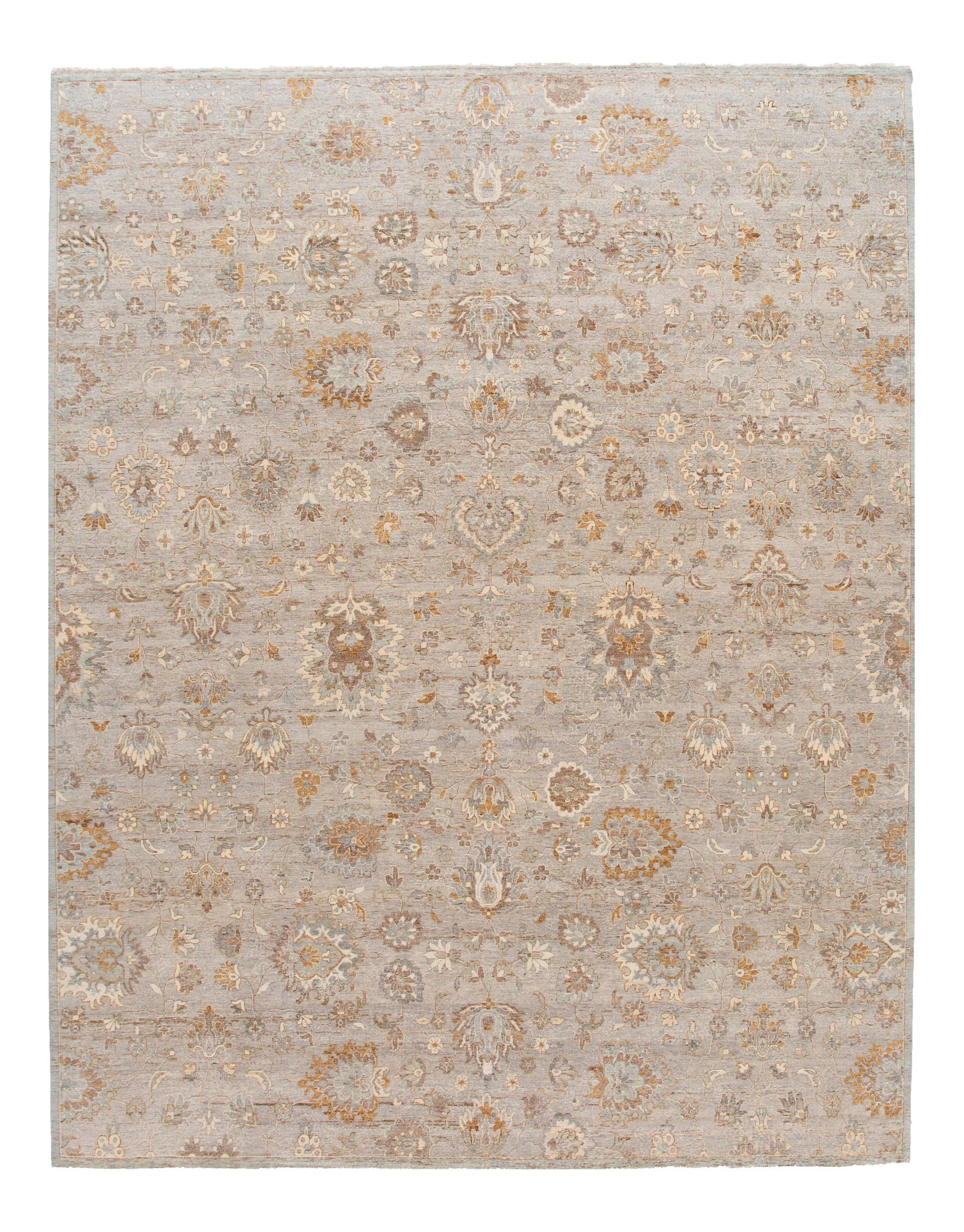 Hand-Knotted Gray Wool Rug with Tan and Brown Accents 11'10 x 15'2: Hand-Knotted Gray Wool Rug with Tan and Brown Accents 11'10 x 15'2 This exquisite hand-knotted contemporary Indian wool rug features a sophisticated gray field complemented by tan and brown accents, e