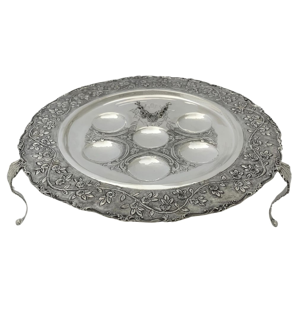 Handmade 925 Sterling Silver Floral 3 Leg Seder Plate 14.75 Inches (1 of 5)