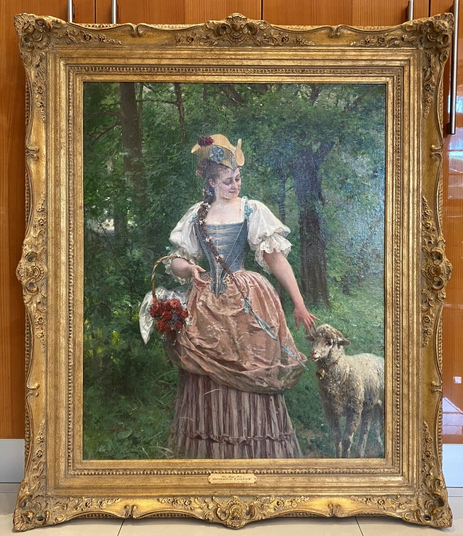 19C Original Oil Painting by Heinrich Lossow Framed Artwork: 19C Original Oil Painting by Heinrich Lossow Framed Artwork This stunning large oil on canvas painting, created between 1845 and 1913 by renowned artist Heinrich Lossow, depicts a beautiful young lady