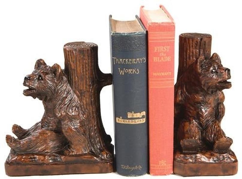 Rustic Lodge Bookends Sitting Bear Hand-Cast Resin Burnt Umber: Rustic Lodge Bookends Sitting Bear Hand-Cast Resin Burnt Umber Enhance your home decor with these Rustic Lodge Bookends featuring a charming sitting bear perched on a tree trunk. Crafted from durable