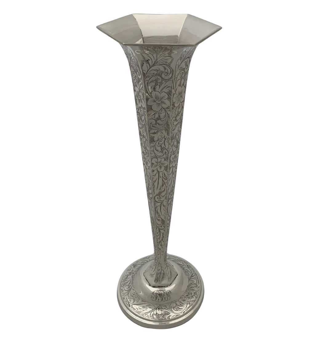 Antique 925 Sterling Silver Floral Vase Handmade Shiny Finish 13.75" - 2