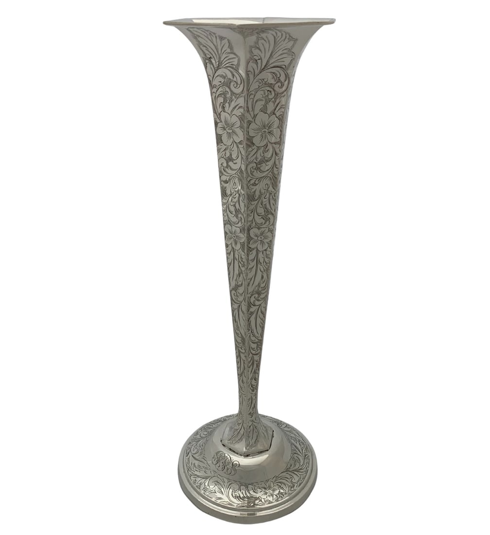 Antique 925 Sterling Silver Floral Vase Handmade Shiny Finish 13.75" - 3