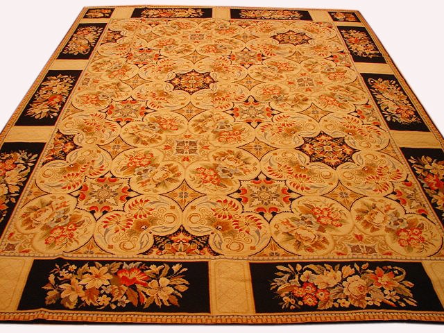 Handcrafted 8 x 10.7 French Country Needlepoint Rug in Ivory Black: Handcrafted 8 x 10.7 French Country Needlepoint Rug in Ivory Black Free continental US Shipping Enhance your home with the 8 x 10.7 French Country Needlepoint Rug, a stunning addition that seamlessly