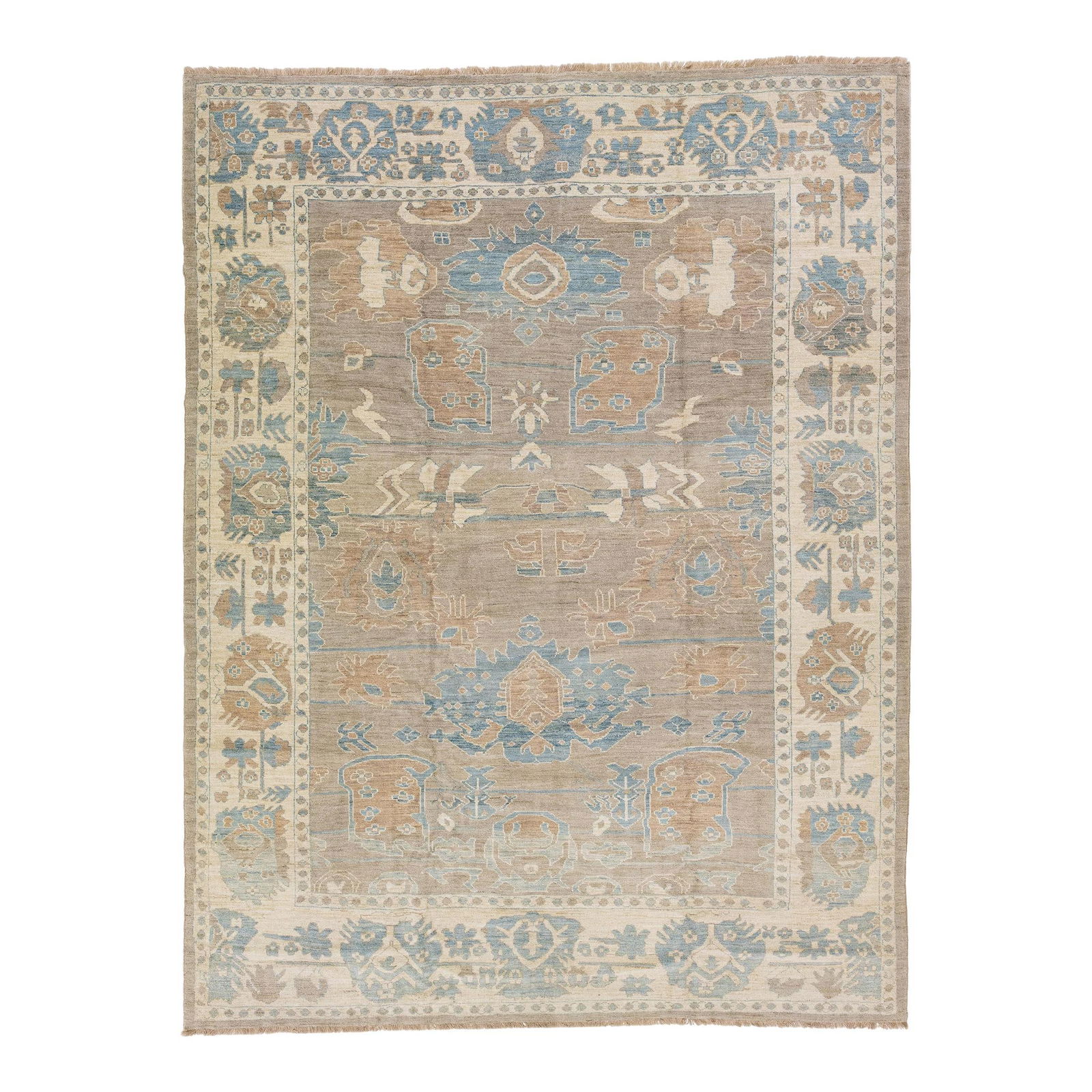 Modern Sultanabad Handmade Floral Wool Rug 10'4 x 13'8 Light Brown: Modern Sultanabad Handmade Floral Wool Rug 10'4 x 13'8 Light Brown Discover this stunning early 21st-century modern Sultanabad rug, expertly hand-knotted from high-quality wool. Featuring a warm