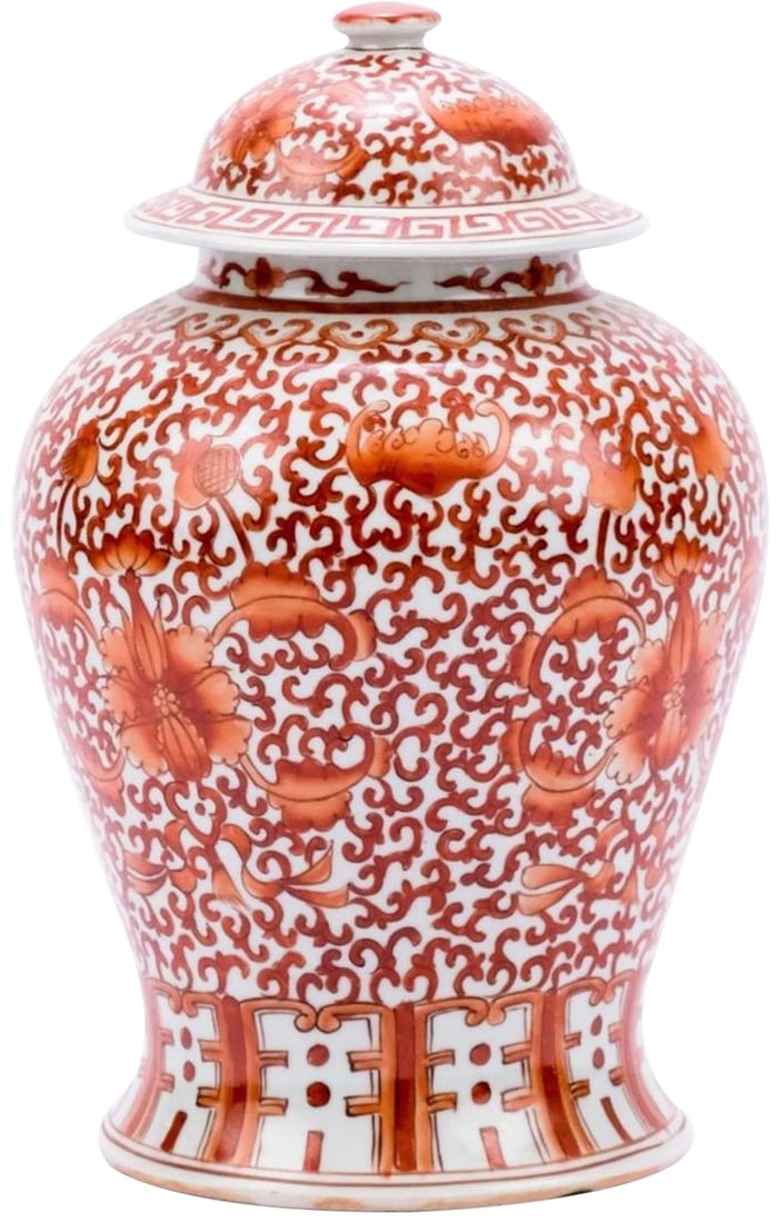 Handmade Coral Red Ceramic Temple Jar Asian Antique Style (1 of 2)