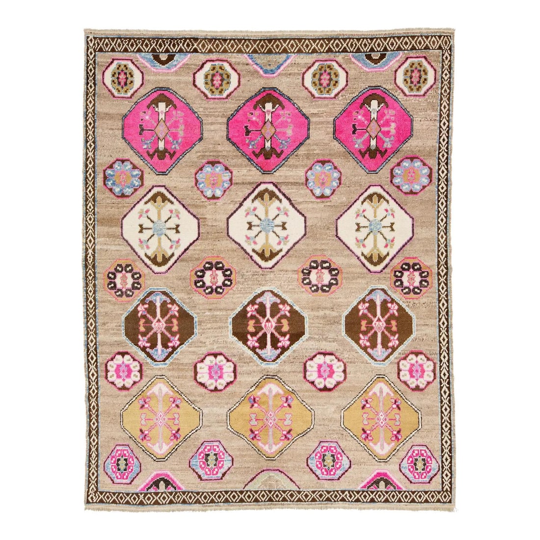 Contemporary Turkish Kars Wool Rug With Medallion Motifs 9'8" x 12'6": Contemporary Turkish Kars Wool Rug With Medallion Motifs 9'8" x 12'6" Handwoven in Turkey, this contemporary Kars wool rug features rows of hexagonal and circular medallions with floral and geometric