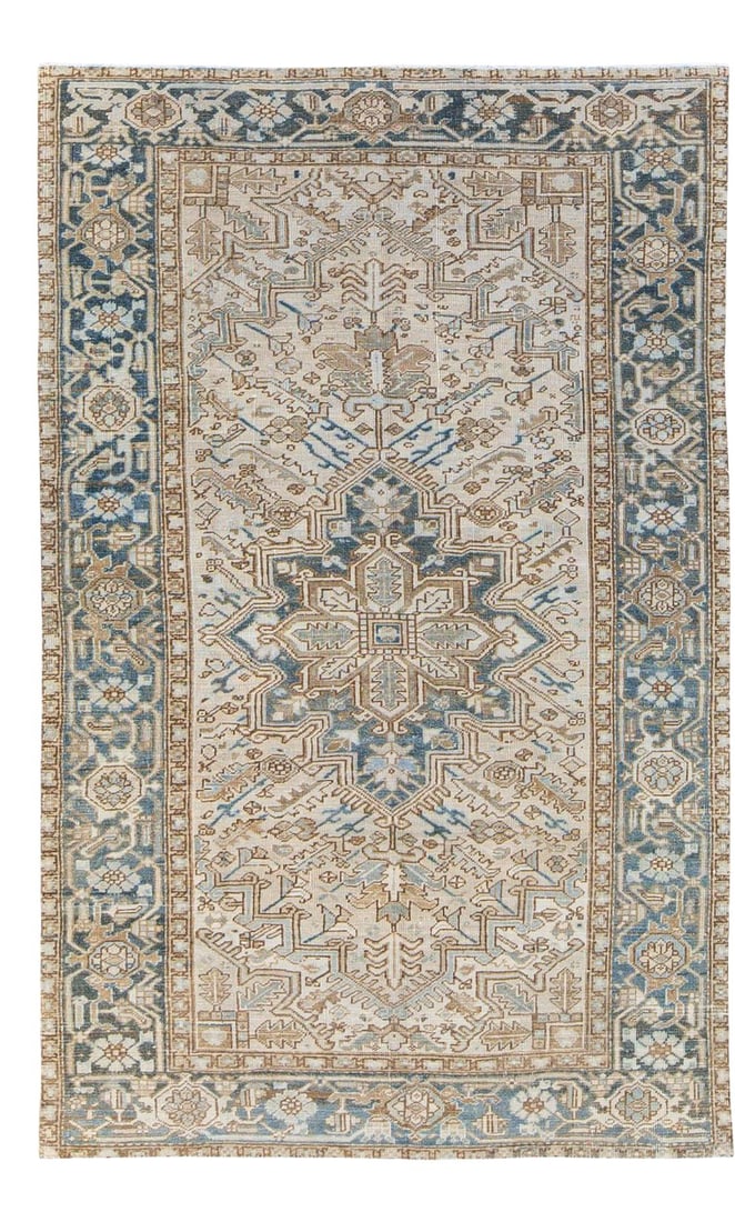 Antique Persian Heriz Handmade Wool Rug Beige Blue Geometric Motif 5'6 x 8'9 (1 of 10)