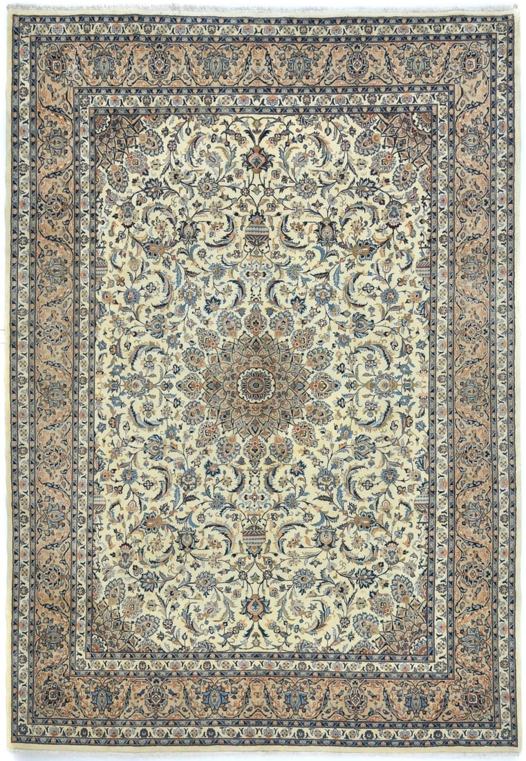 Vintage Hand-Knotted 8x12 ft Cream Floral Wool Area Rug (1 of 11)