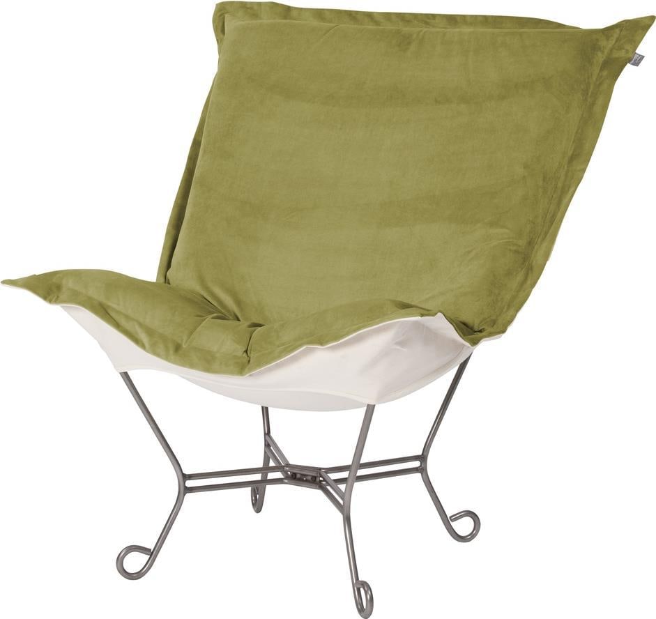Howard Elliott Moss Velvet Puff Chair with Titanium Frame: Howard Elliott Moss Velvet Puff Chair with Titanium Frame Introducing the Moss Velvet Cozy Puff Chair, designed to elevate your contemporary living space with its luxurious aesthetic and exceptional c