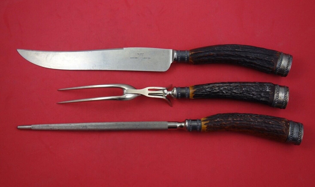 Vintage Antler Handle Roast Carving Set 3-Piece Meriden Blades (1 of 2)