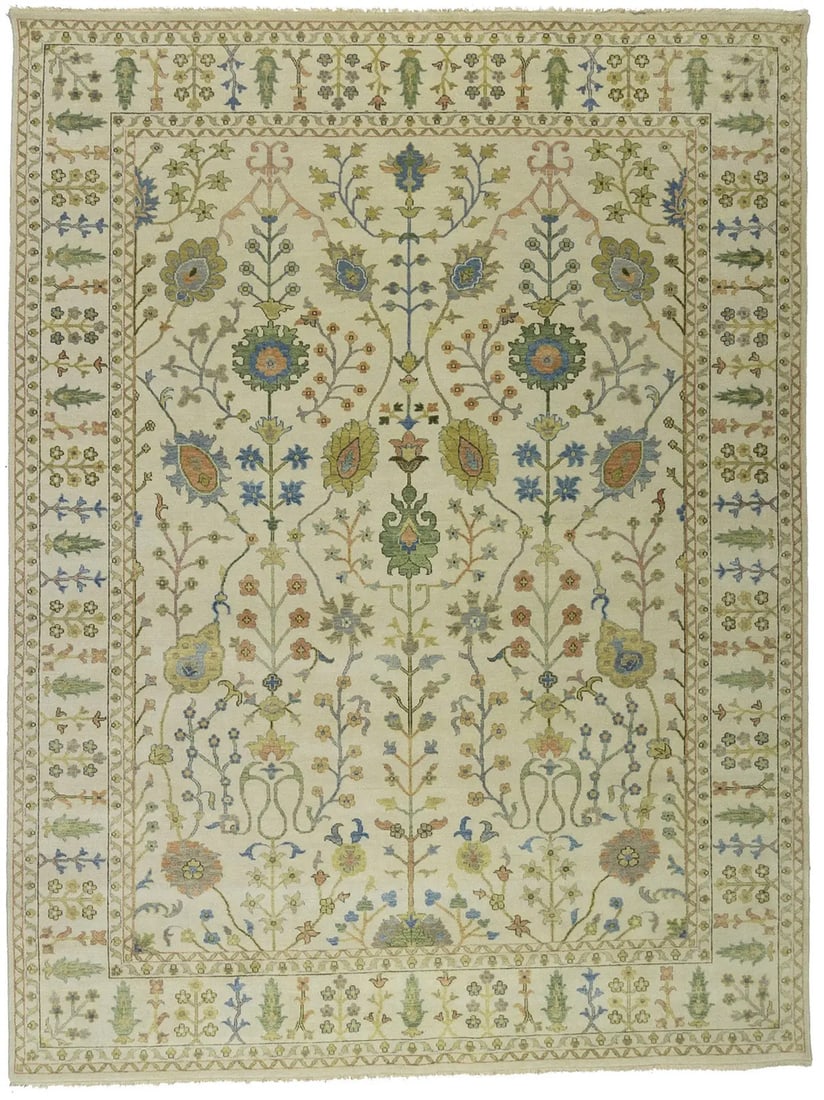Hand-Knotted Wool Silver Ivory Floral Rug 9 x 12 ft Modern Design: Hand-Knotted Wool Silver Ivory Floral Rug 9 x 12 ft Modern Design Enhance your living space with this exquisite hand-knotted Osh Chobi rug, a perfect blend of traditional craftsmanship and modern desi