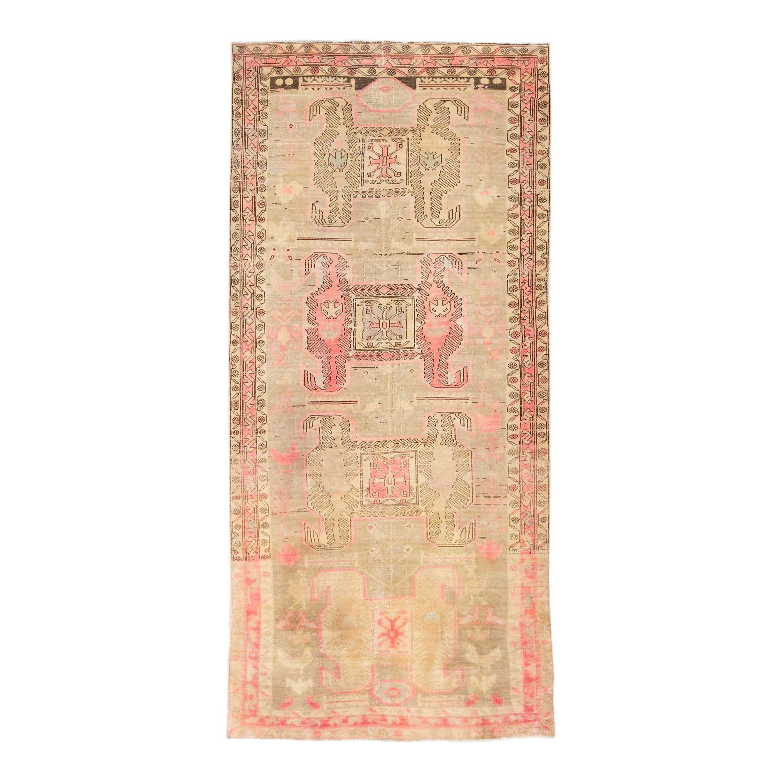 Vintage Persian Handmade Geometric Beige Wool Rug 4'2 x 9'5: Vintage Persian Handmade Geometric Beige Wool Rug 4'2 x 9'5 This stunning vintage Persian rug showcases a distressed design, hand-knotted from high-quality wool. It features a beige color field accent