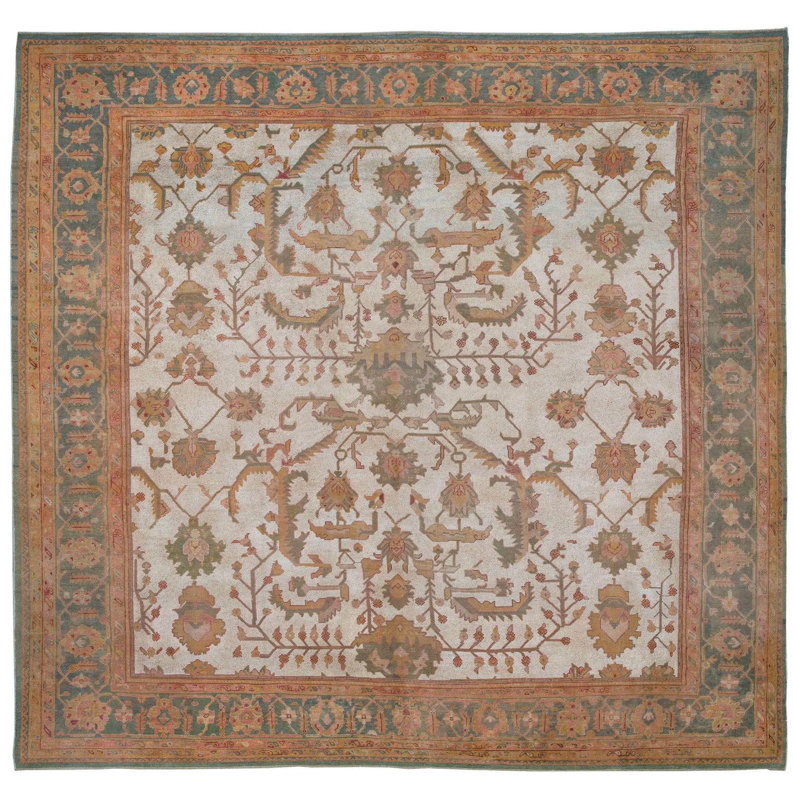 Antique Oversize Square Oushak Rug 18'3'' x 18'4'' Bohemian Wool Hand-Woven Turkey: Antique Oversize Square Oushak Rug 18'3'' x 18'4'' Bohemian Wool Hand-Woven Turkey Discover the exquisite beauty of this antique oversize square Oushak rug, measuring 18'3" x 18'4". Hand-woven from pr