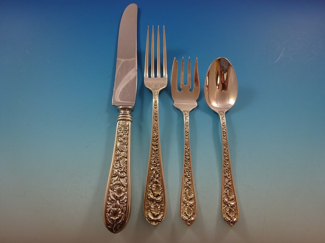 Stieff Corsage Sterling Silver 4-Piece Dinner Place Setting Vintage: Stieff Corsage Sterling Silver 4-Piece Dinner Place Setting Vintage Elevate your dining experience with this vintage 4-piece dinner size place setting from Stieff, featuring the elegant Corsage patter