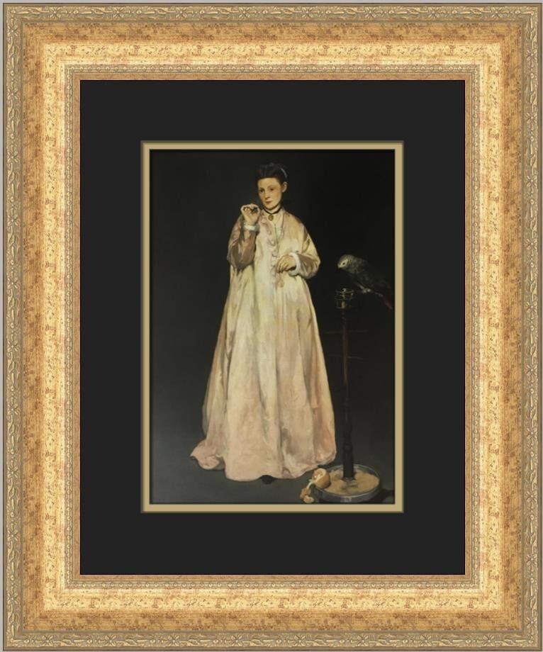 Edouard Manet Woman with a Parrot Custom Framed Print 19 x 16: Edouard Manet Woman with a Parrot Custom Framed Print 19 x 16 This stunning custom framed print features Edouard Manet's iconic artwork, 'Woman with a Parrot'. Measuring 19 inches in height and 16 inc