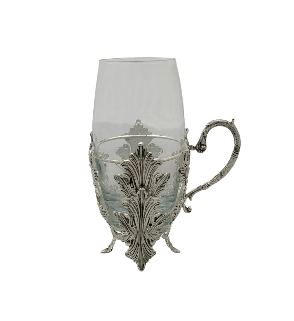 Handmade 925 Sterling Silver Tea Cup with Glass Insert and Leaf Applique (1 of 2)