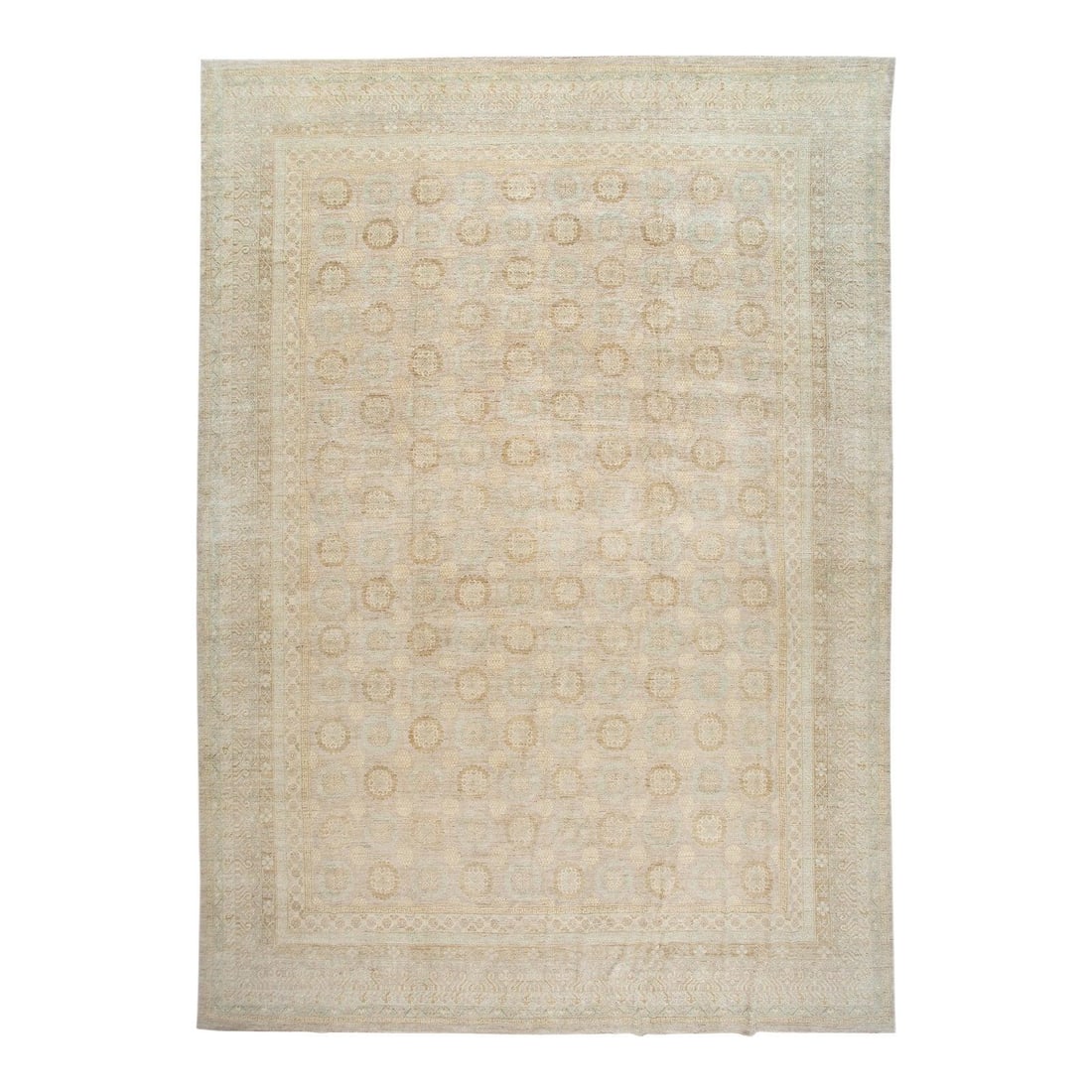 Oversize Handmade Beige Wool Khotan-Style Floral Rug 17' x 23'7": Oversize Handmade Beige Wool Khotan-Style Floral Rug 17' x 23'7" Elevate your space with this stunning modern Khotan-style oversize handmade wool rug. Featuring a soft beige field, this exquisite piec