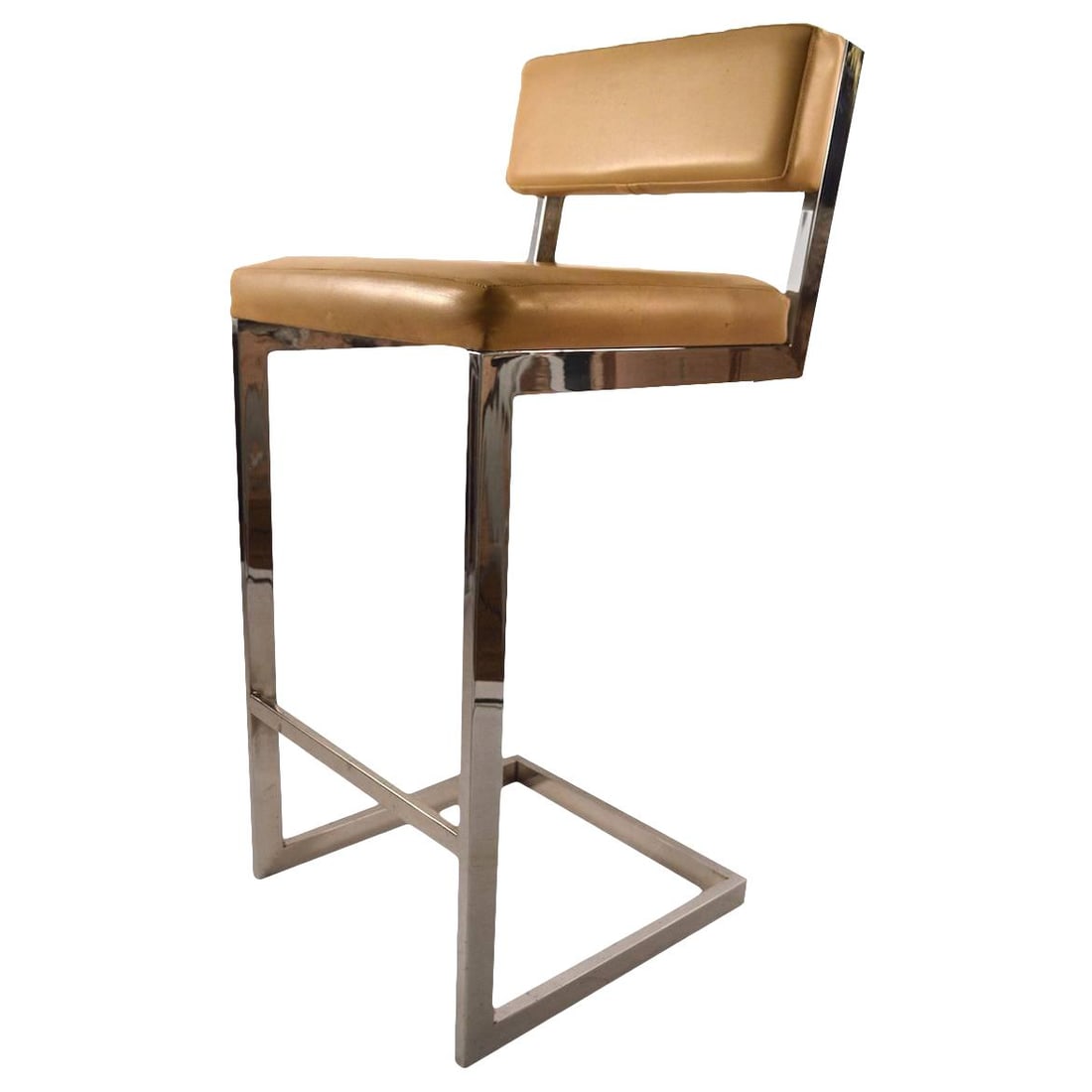 Milo Baughman Attributed Squared Chrome Stool Beige Upholstery (1 of 10)