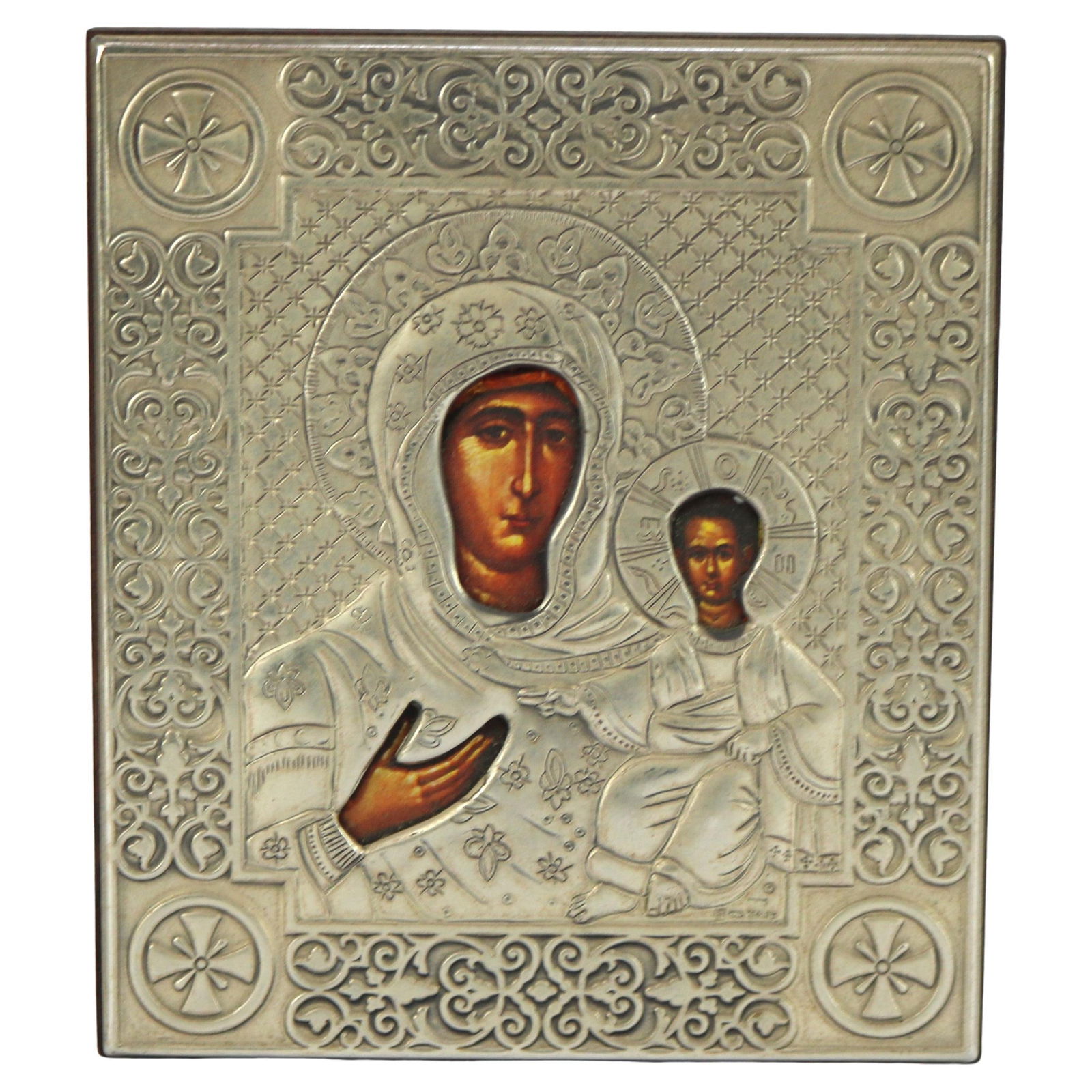 Ornate Sterling Silver Russian Icon of Mary and Baby Jesus 20th Century (1 of 7)