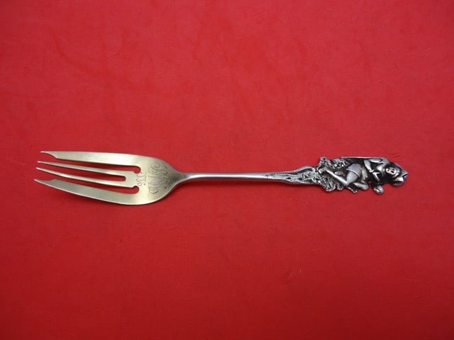 Gorham Nuremberg Sterling Silver Salad Fork 5 7/8" Gold Wash 1886: Gorham Nuremberg Sterling Silver Salad Fork 5 7/8" Gold Wash 1886 This exquisite Sterling Silver Salad Fork from the Nuremberg pattern by Gorham features a detailed gold-washed design of a man seated