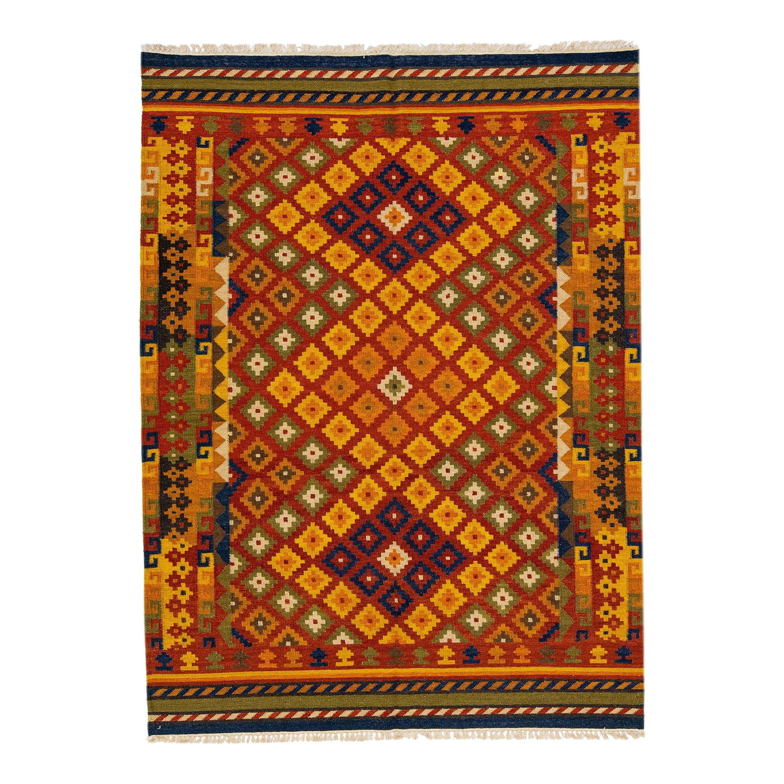 Modern Kilim Handmade Wool Rug 5'10 x 7'9 Multicolor Geometric Design: Modern Kilim Handmade Wool Rug 5'10 x 7'9 Multicolor Geometric Design Enhance your living space with this stunning Modern Kilim handmade rug, featuring a vibrant multicolor geometric design. Crafted f