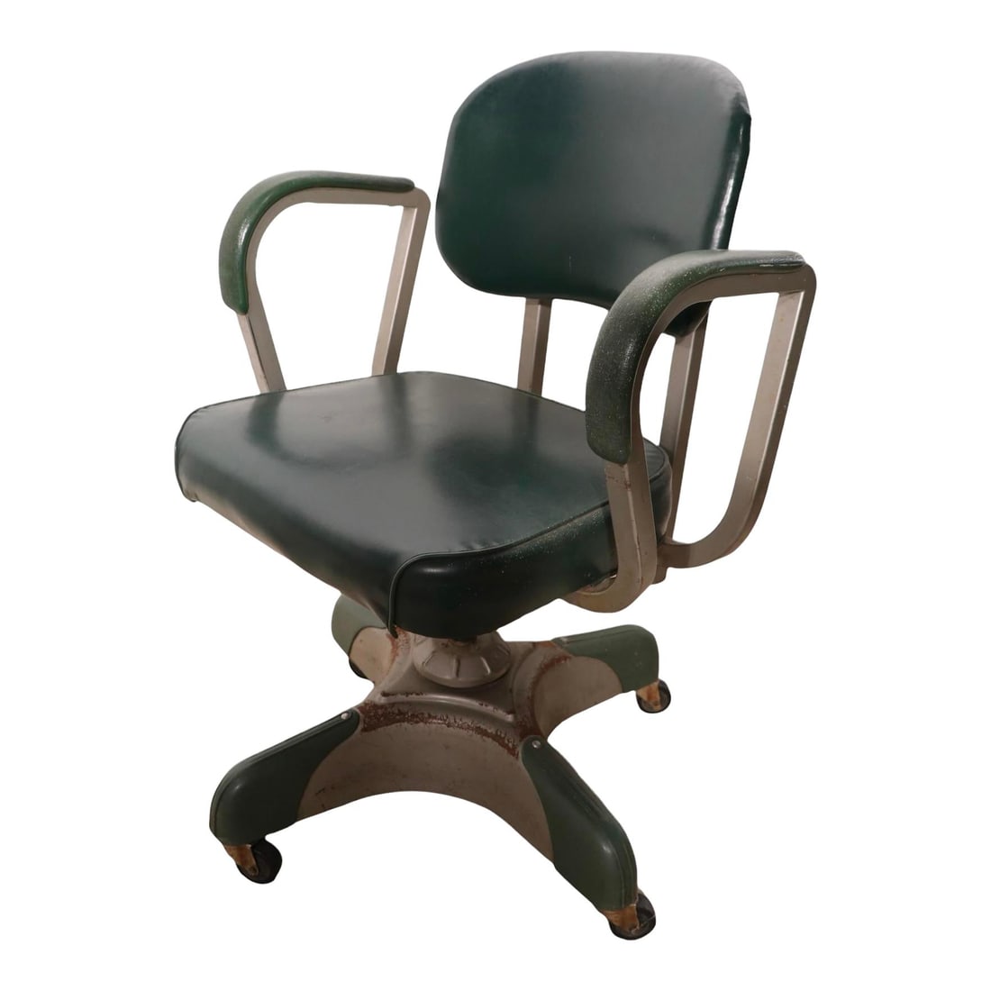 Mid Century Harter Industrial Swivel Tanker Office Chair Green: Mid Century Harter Industrial Swivel Tanker Office Chair Green This Mid Century Machine Age Industrial Swivel Tanker Office Chair by Harter Metal Furniture Ltd. showcases a striking design with styliz