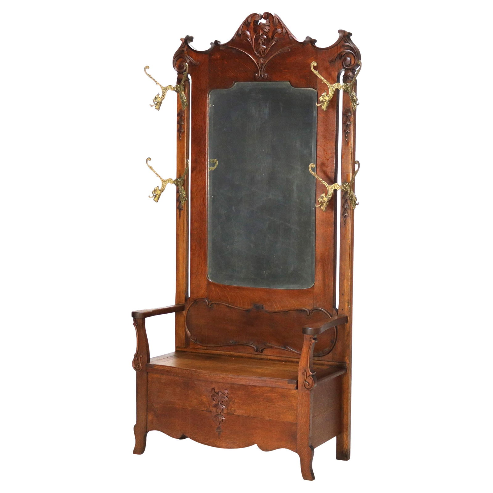 Antique RJ Horner Carved Oak Hall Seat with Mirror and Lion Hangers C1920 (1 of 14)