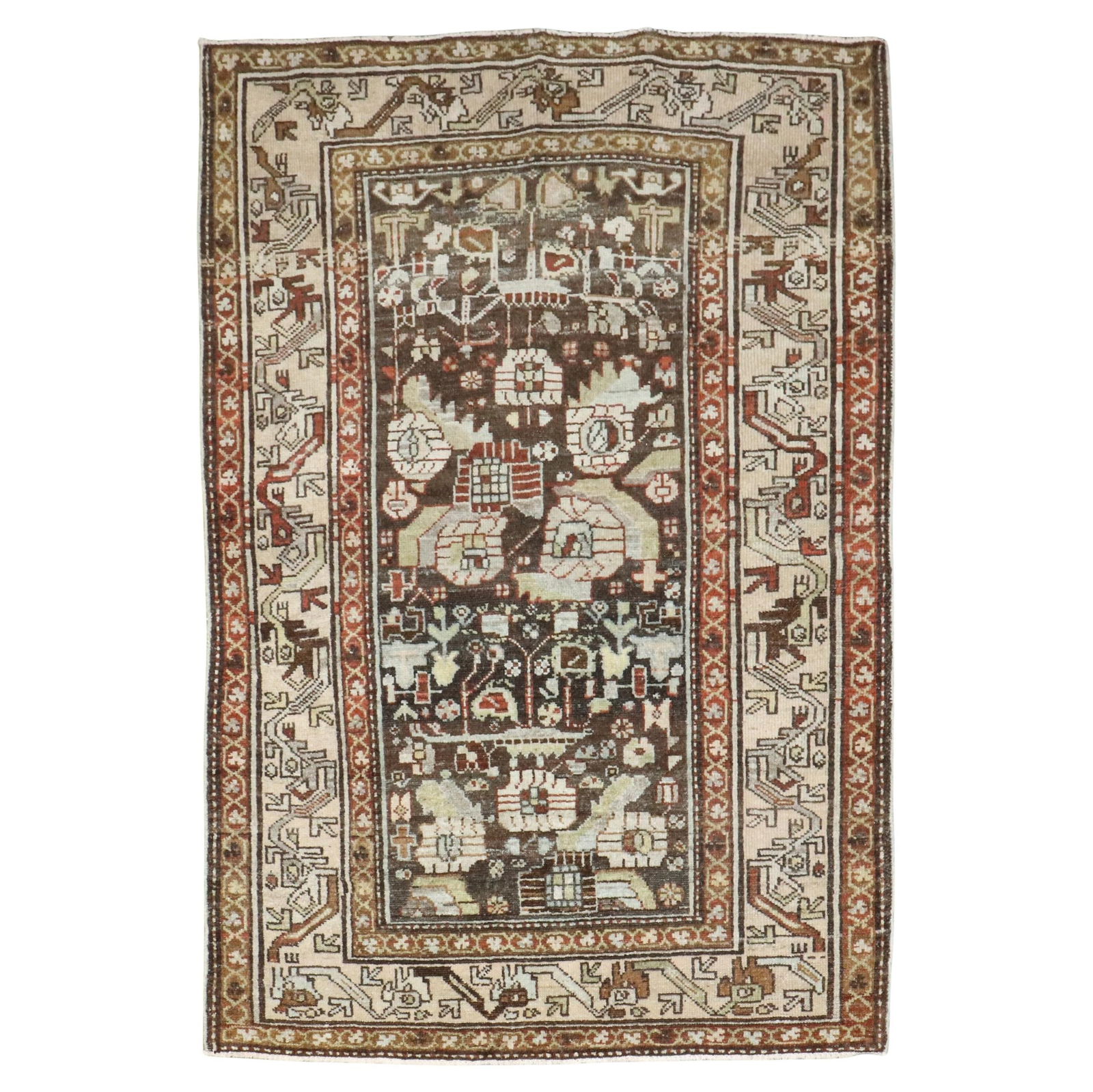 Antique Persian Malayer Scatter Rug Hand-Knotted Wool 40 x 56 in: Antique Persian Malayer Scatter Rug Hand-Knotted Wool 40 x 56 in Discover the exquisite craftsmanship of this antique Persian Malayer scatter rug, featuring a rich chocolate brown ground that beautifu