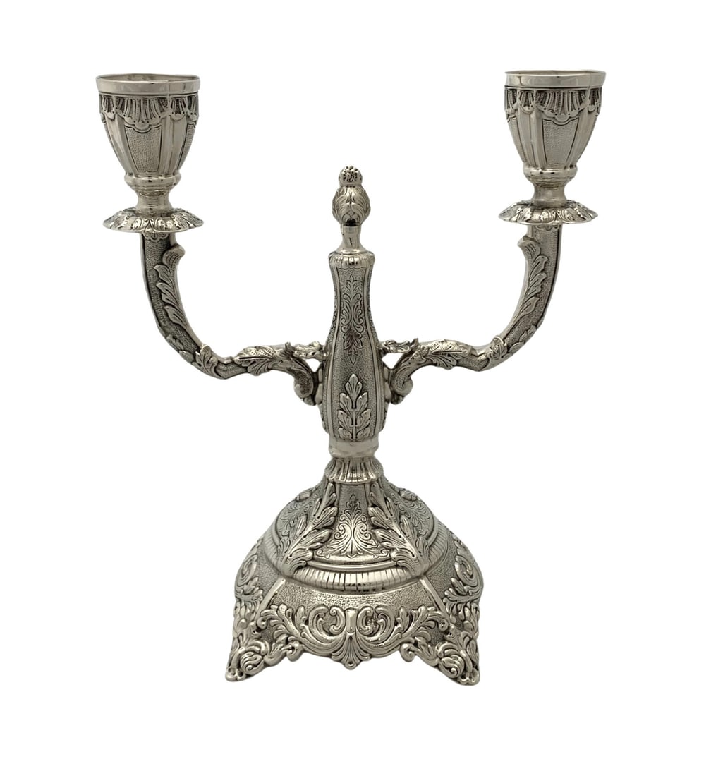 Elegant 2-Light Handmade 925 Sterling Silver Candelabra with Leaf Applique (1 of 3)
