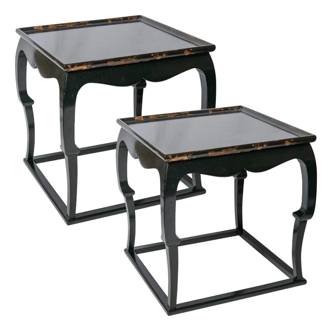 Chinoiserie Black Lacquered Gilt Accent Tables Pair: Chinoiserie Black Lacquered Gilt Accent Tables Pair Enhance your decor with this exquisite pair of late 20th century Chinoiserie accent tables. Featuring a stunning black lacquer finish complemented b