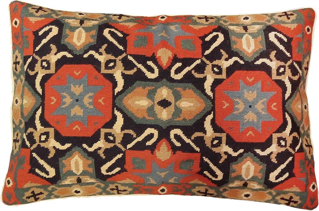 Elegant Ararat Wool Needlepoint Throw Pillow Beige Blue Oriental Style: Elegant Ararat Wool Needlepoint Throw Pillow Beige Blue Oriental Style Add a touch of elegance to your home decor with this sophisticated Ararat Wool Needlepoint Pillow. This exquisite throw pillow fe