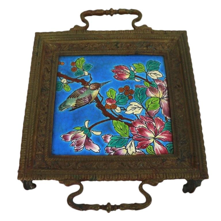 Longwy Blue Tile in Heavy Cast Brass Frame Trivet (1 of 10)