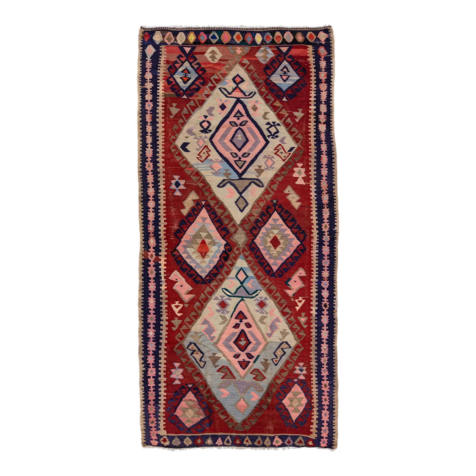 Vintage Turkish Kilim Multicolor Handmade Wool Rug 5'6 x 11'8: Vintage Turkish Kilim Multicolor Handmade Wool Rug 5'6 x 11'8 Discover this exquisite vintage Turkish Kilim rug, meticulously hand-knotted from rich wool. Featuring a warm tan field bordered by a