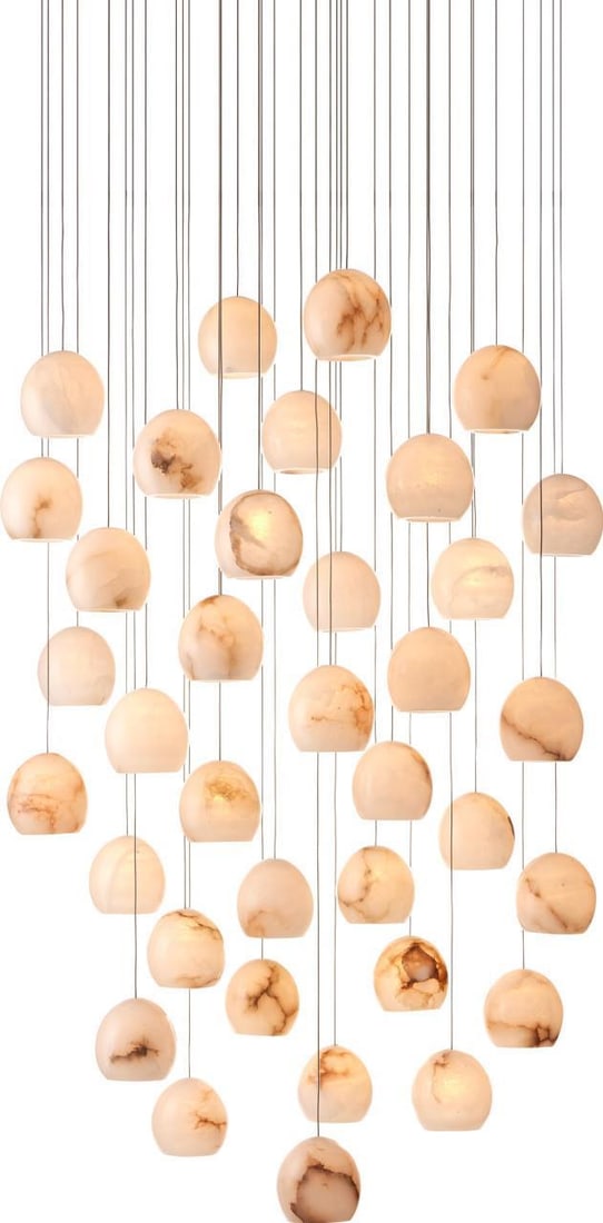 Currey Lazio Multi-Drop Pendant Alabaster Wrought Iron 36-Light Dimmable: Currey Lazio Multi-Drop Pendant Alabaster Wrought Iron 36-Light Dimmable Introducing the Lazio Pendant, a stunning multi-drop pendant light that combines the elegance of alabaster with wrought iron fo