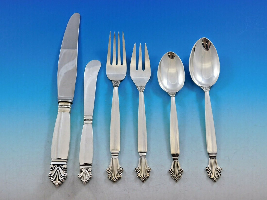 Georg Jensen Acanthus Sterling Silver Flatware Set for 12 72 pcs: Georg Jensen Acanthus Sterling Silver Flatware Set for 12 72 pcs Experience the elegance of the Acanthus sterling silver flatware set by Georg Jensen, featuring a stunning Art Nouveau design created
