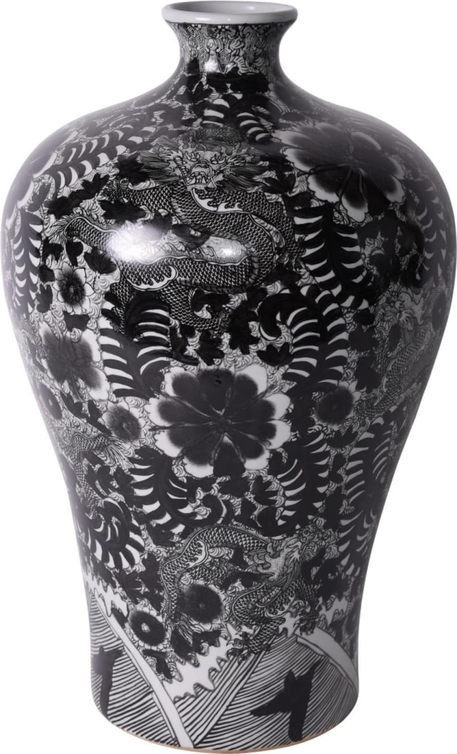 Handmade Dragon Prunus Vase Asian Ceramic 22H: Handmade Dragon Prunus Vase Asian Ceramic 22H This exquisite Dragon Prunus Vase is a stunning black ceramic masterpiece that adds an elegant touch to any space. Handmade with meticulous