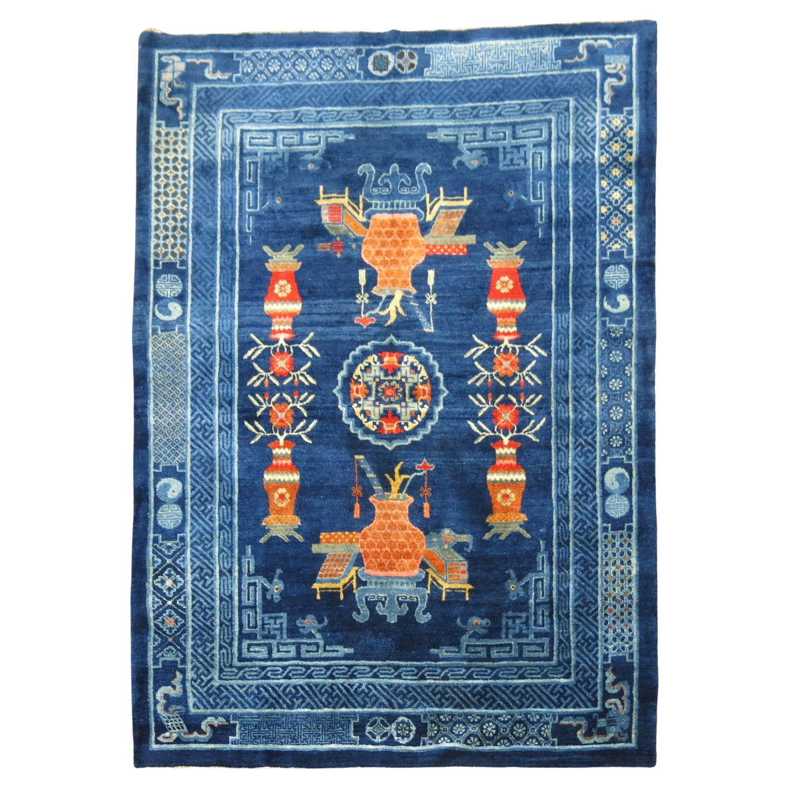 1930s Antique Chinese Hand-Woven Wool Rug Folk Art Vase Design (1 of 9)