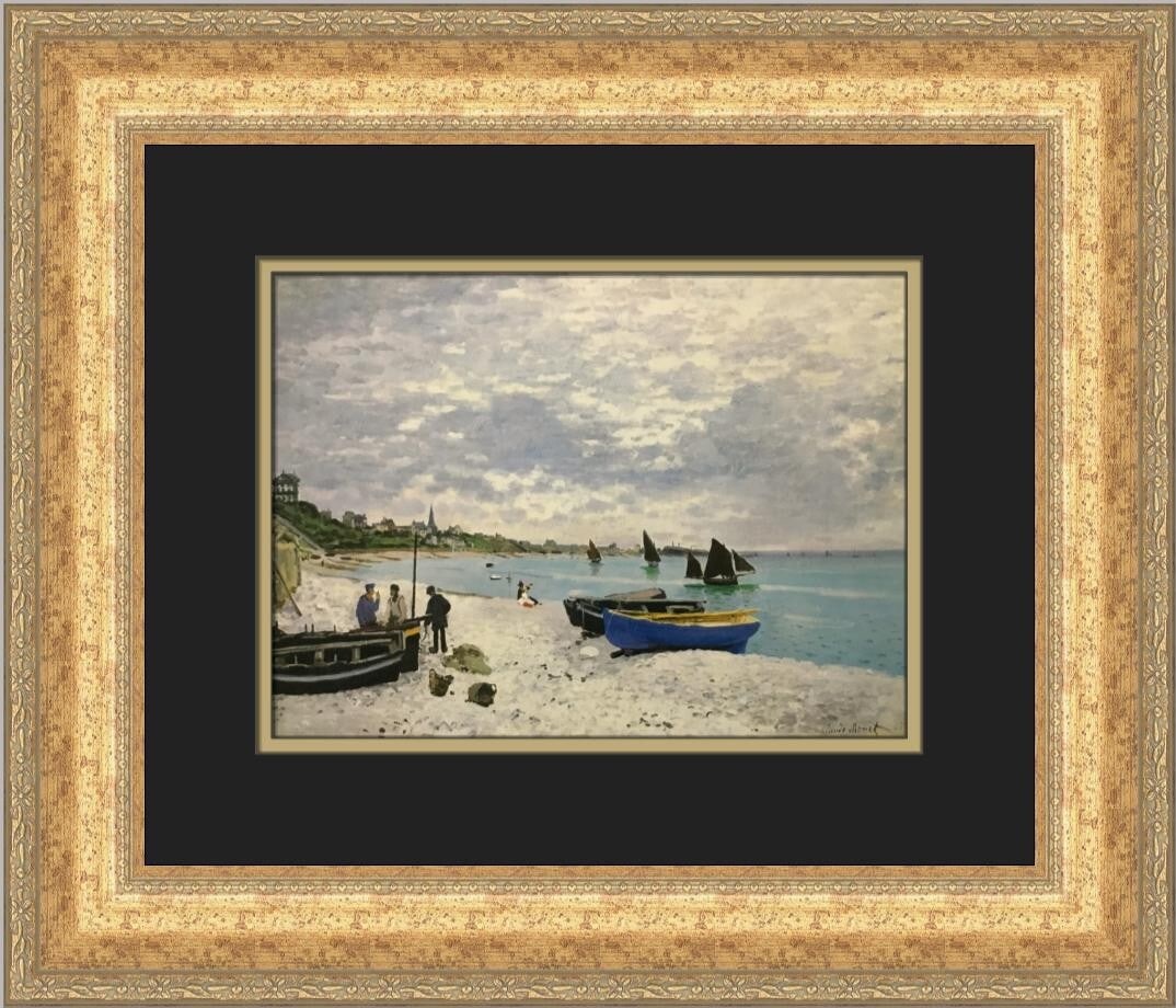 Claude Monet Beach at Ste. Adresse Custom Framed Print 17 x 19: Claude Monet Beach at Ste. Adresse Custom Framed Print 17 x 19 This beautifully custom framed print titled "Beach at Ste. Adresse" by Claude Monet captures the essence of Impressionism with its vibran