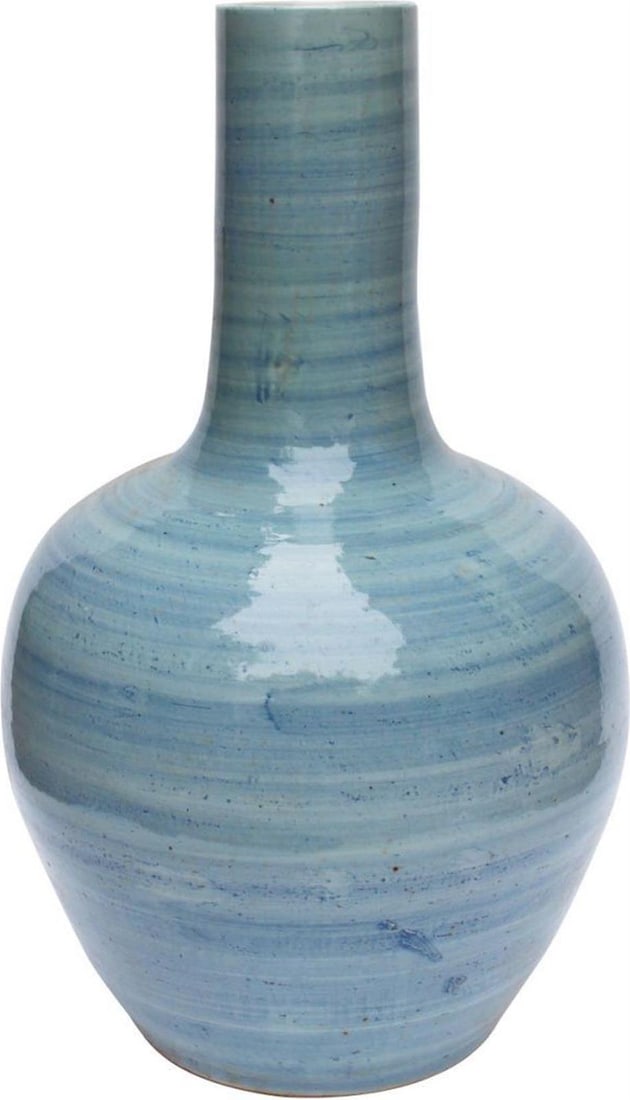 Lake Blue Ceramic Porcelain Vase Asian Antique Style 18H 9W 9D: Lake Blue Ceramic Porcelain Vase Asian Antique Style 18H 9W 9D This elegantly crafted lake blue porcelain vase showcases a beautiful globular shape, perfect for enhancing your home decor. Made from hi