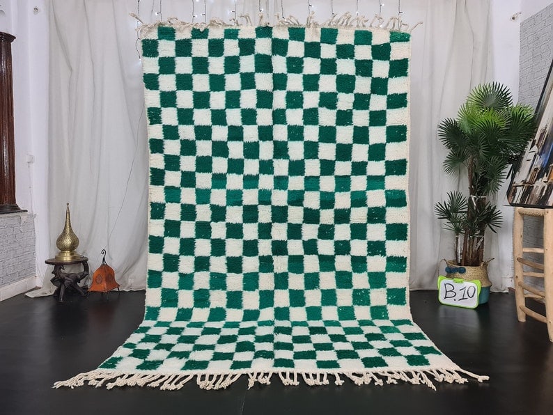 Authentic Handmade Moroccan Berber Wool Chess Rug 8 x 5 Feet: Authentic Handmade Moroccan Berber Wool Chess Rug 8 x 5 Feet Enhance your living space with this authentic Soft White & Green Chess Handmade Moroccan Berber Wool Rug. Handwoven by local Berber women w