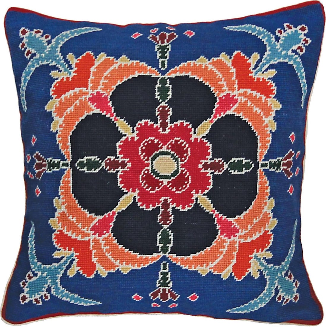 Victorian Style Royal Blue Floral Needlepoint Pillow 18x18: Victorian Style Royal Blue Floral Needlepoint Pillow 18x18 Enhance your home decor with this Elegant Royal Blue Floral Needlepoint Cushion. This exquisite pillow features a vibrant royal blue backgrou