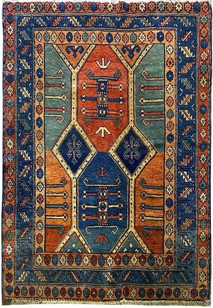 3.8 x 4.6 Blue Antique Russian Kurdistan Kazak Handwoven Rug: 3.8 x 4.6 Blue Antique Russian Kurdistan Kazak Handwoven Rug Free continental US Shipping Enhance your home with this stunning Blue Antique Russian Kurdistan Kazak Rug, measuring 3' 8" x 4' 6".