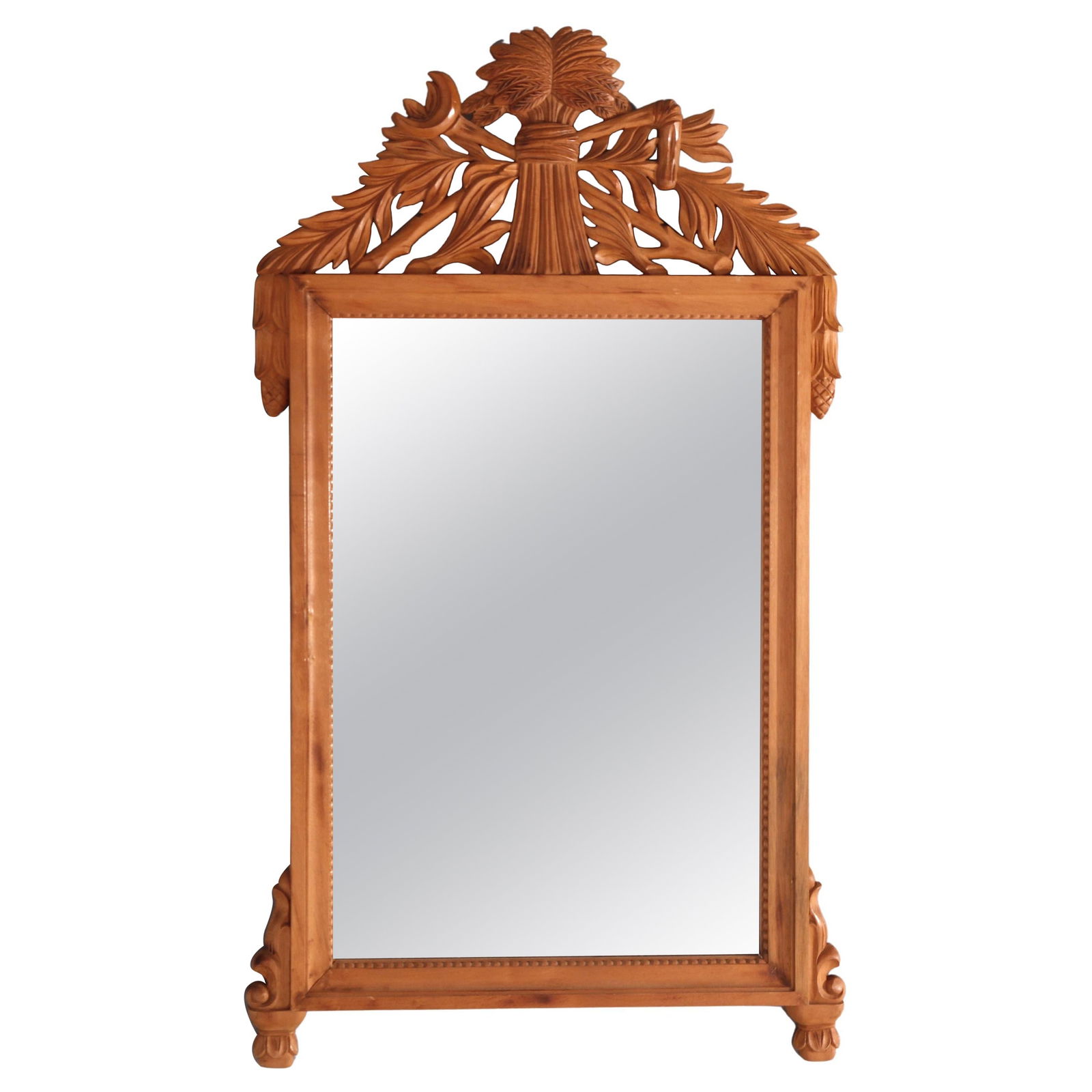 Italian 20th Century Carved Hardwood Wall Mirror with Wheat Pediment: Italian 20th Century Carved Hardwood Wall Mirror with Wheat Pediment This striking Italian wall mirror features a beautifully carved hardwood frame, showcasing a harvest wheat form pediment, indicativ