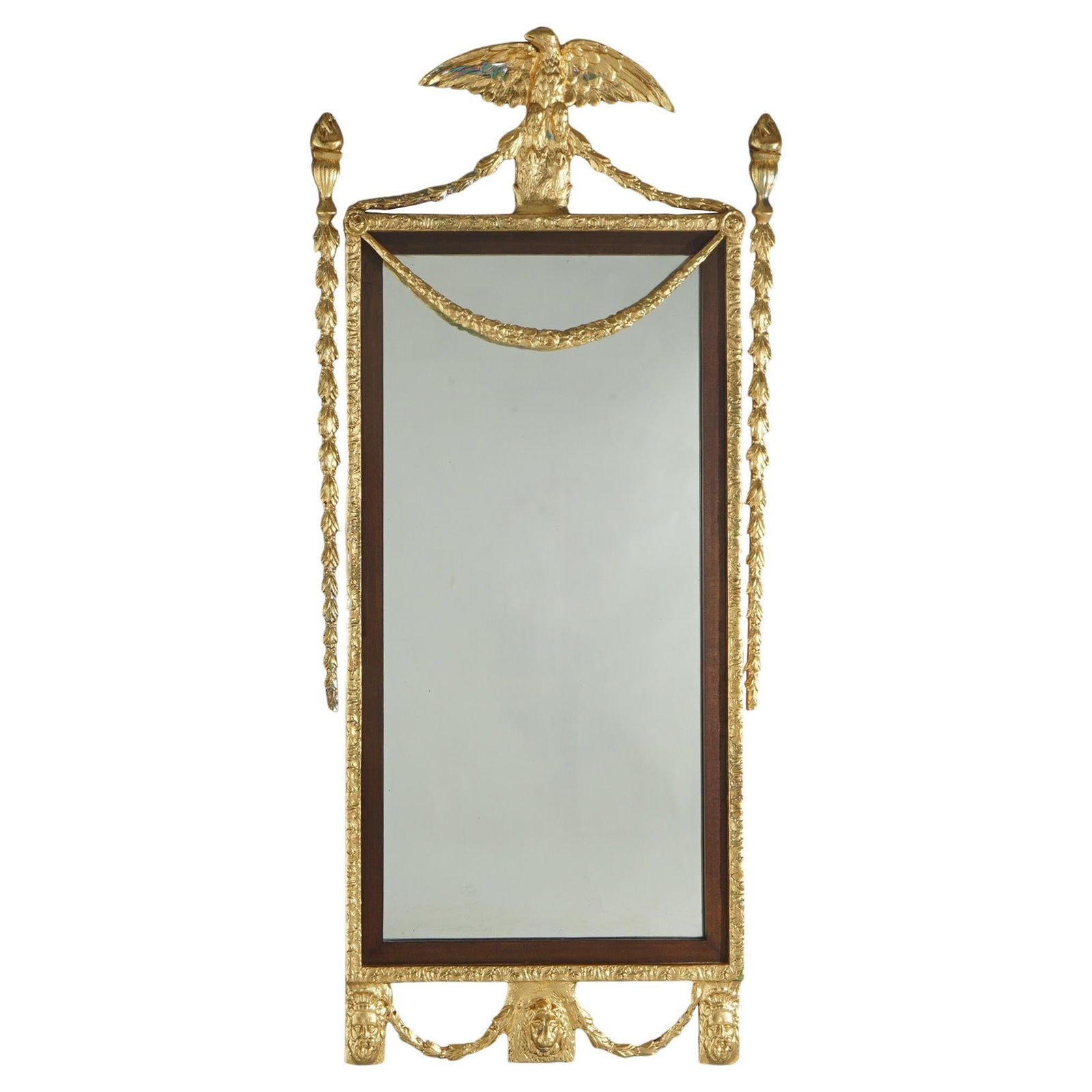 Oversized 20th Century Federal Giltwood Mahogany Mirror with Eagle Crest: Oversized 20th Century Federal Giltwood Mahogany Mirror with Eagle Crest This stunning oversized Federal wall mirror showcases exquisite craftsmanship with a combination of giltwood and mahogany. The