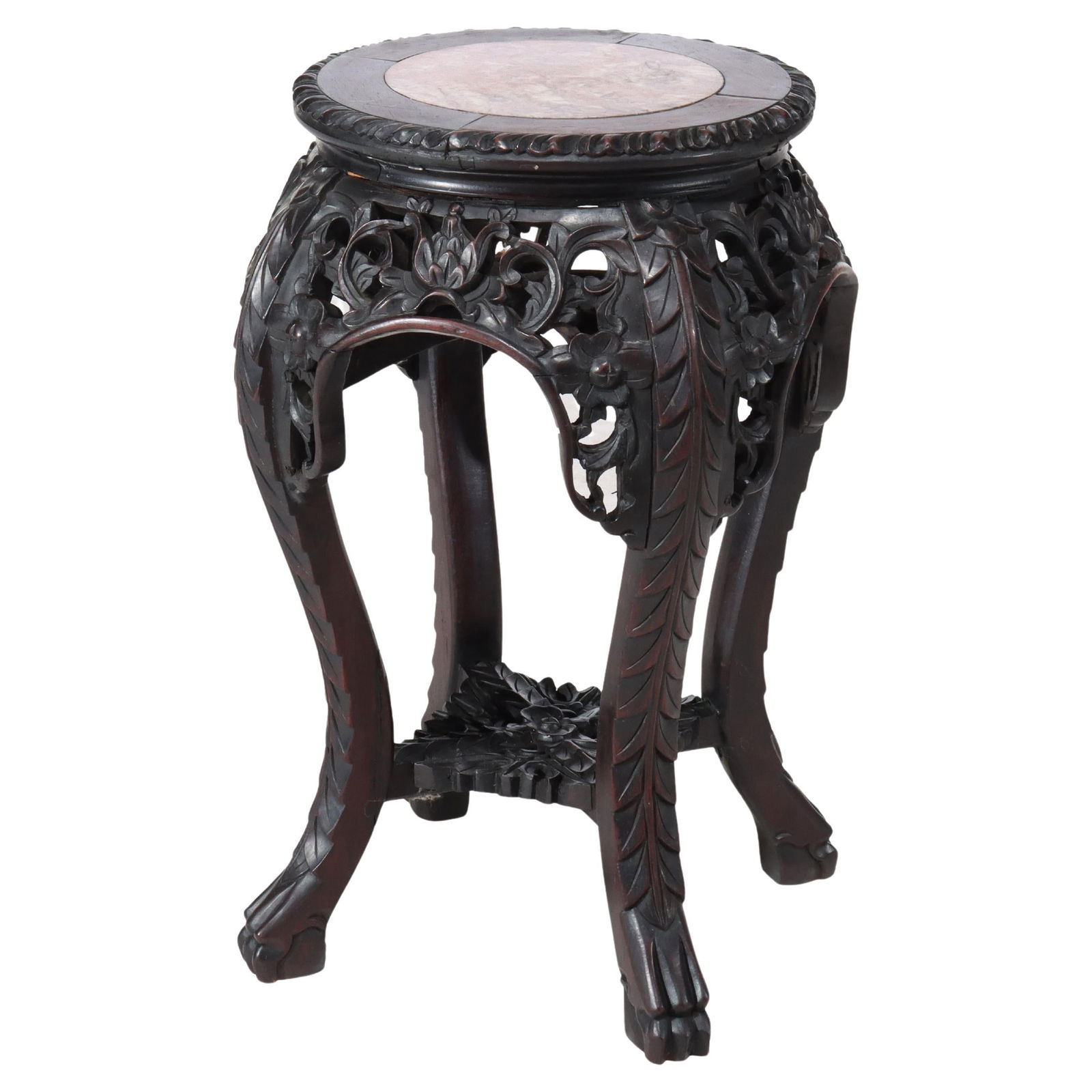 Antique Chinese Floral Carved Hardwood Stand with Rouge Marble Top c1920: Antique Chinese Floral Carved Hardwood Stand with Rouge Marble Top c1920 This exquisite Antique Chinese Floral Carved Hardwood Stand, dating back to circa 1920, showcases intricate floral carvings on