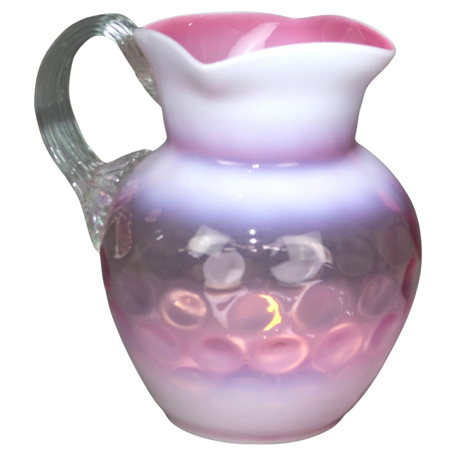 Victorian Art Glass Opalescent Cranberry Pitcher Coinspot Pattern: Victorian Art Glass Opalescent Cranberry Pitcher Coinspot Pattern This exquisite Antique Victorian Art Glass Opalescent Cranberry Water Pitcher, crafted circa 1930, features the captivating Coinspot p