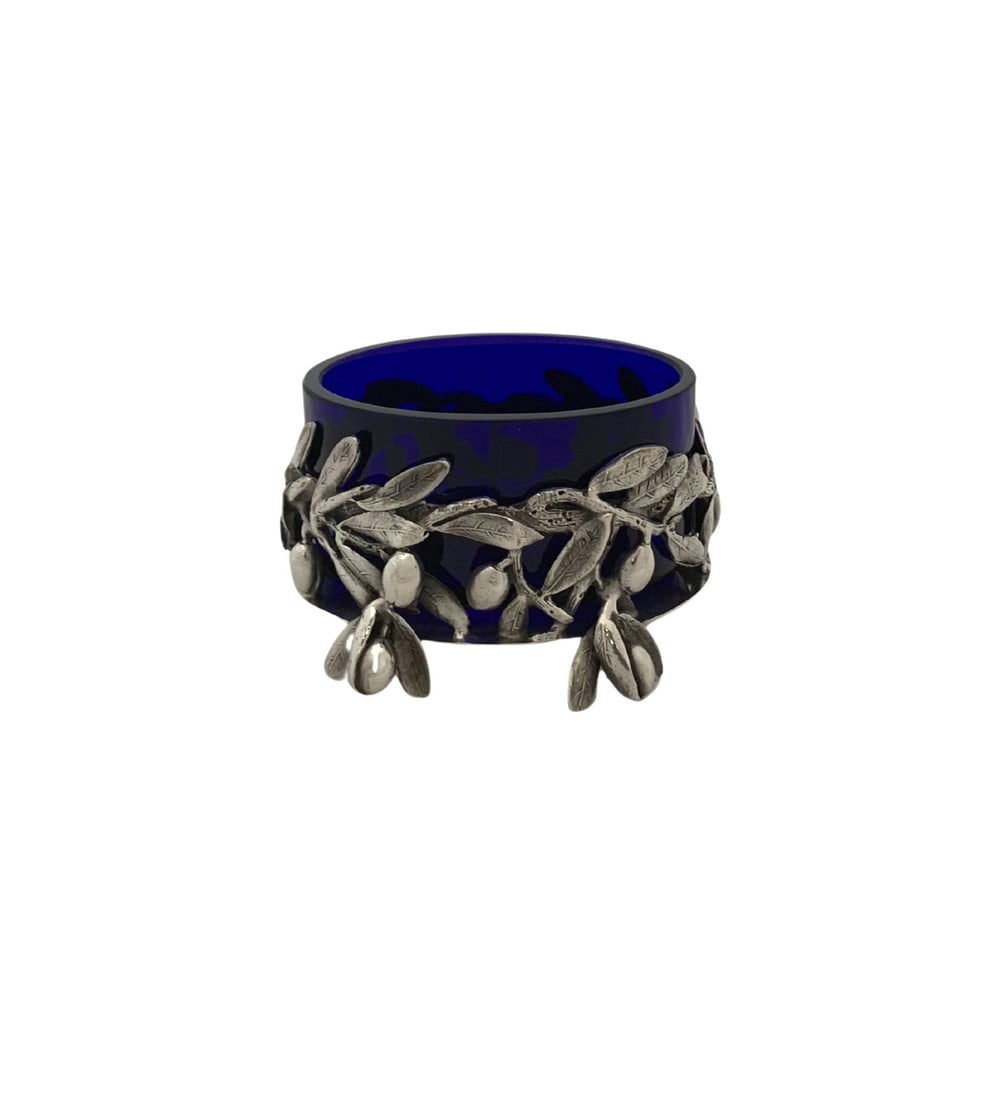 Handmade Italian 925 Sterling Silver Blue Glass Olive Leaf Salt Holder: Handmade Italian 925 Sterling Silver Blue Glass Olive Leaf Salt Holder This exquisite salt holder is crafted from fine Italian 925 sterling silver and features a stunning blue glass design. The handma