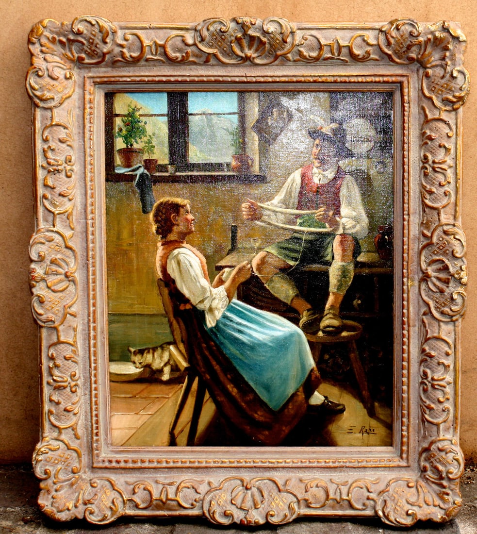 E Raza Early 1900s European Oil Painting in Handmade Frame: E Raza Early 1900s European Oil Painting in Handmade Frame This exquisite early 1900's oil on canvas painting by E. Raza captures the essence of European interior artistry. Featuring remarkable subjec