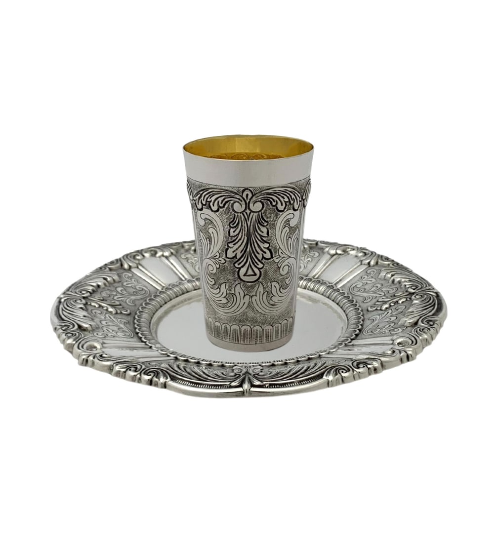 Handmade 925 Sterling Silver Chased Swirl Cup & Tray Set (1 of 4)